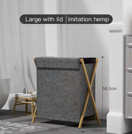 Folding Wooden Laundry Basket with Lid - Washing Basket- Large Washable Laundry Basket-Grey