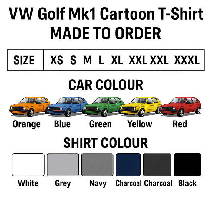 VW Golf Mk1 Cartoon T-Shirt  Custom Car Colour & Shirt Colour  Sizes XS-XXXXL  Made in SA