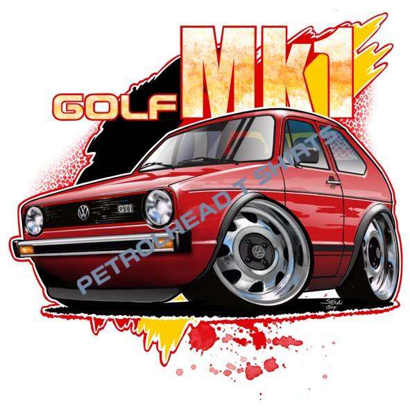 VW Golf Mk1 Cartoon T-Shirt  Custom Car Colour & Shirt Colour  Sizes XS-XXXXL  Made in SA