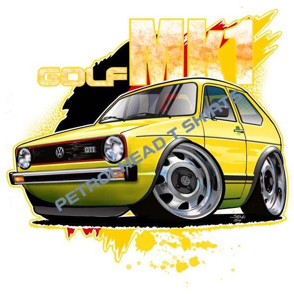 VW Golf Mk1 Cartoon T-Shirt  Custom Car Colour & Shirt Colour  Sizes XS-XXXXL  Made in SA