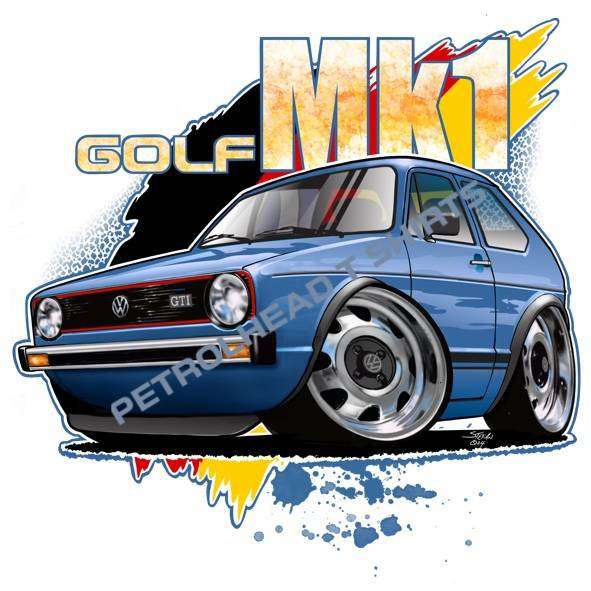 VW Golf Mk1 Cartoon T-Shirt  Custom Car Colour & Shirt Colour  Sizes XS-XXXXL  Made in SA
