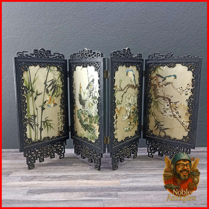 Vintage Oriental Chinese  Silk Painting 4 Accordion Folding Mini Divider