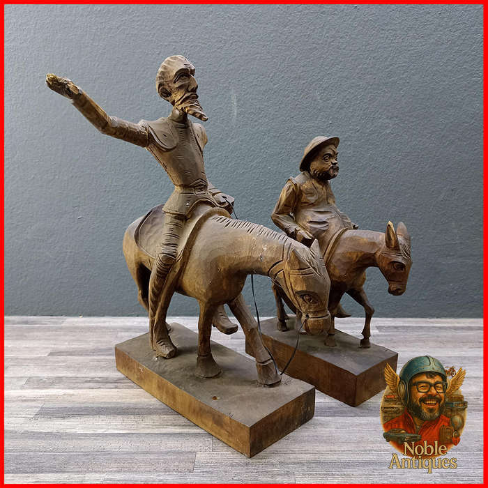 Vintage, hand-carved wood figures, Don Quixote on his horse and Sancho Panza on his donkey