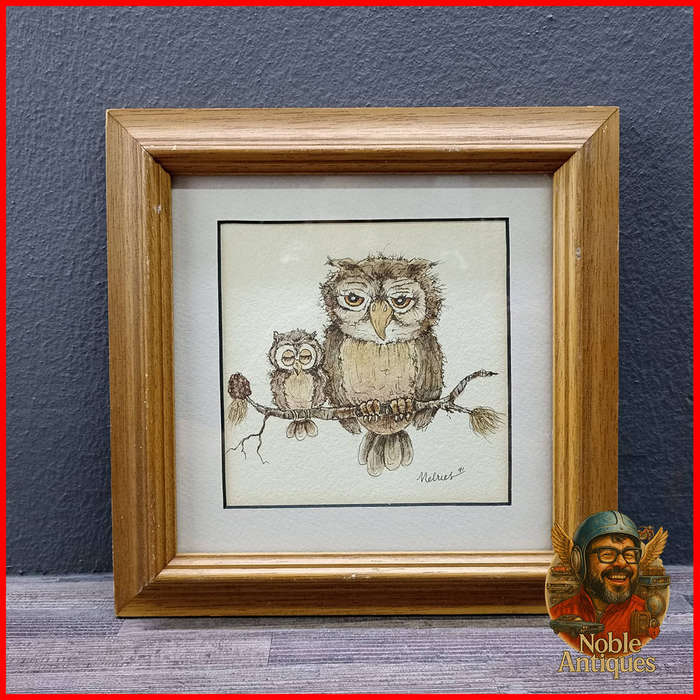 Framed Original Two Owls Watercolor and pen