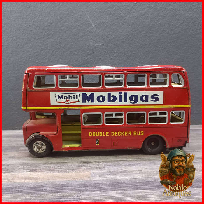 25cm Vintage Japanese TinToy Double Decker Bus Advertising Mobilgas and Goodyear