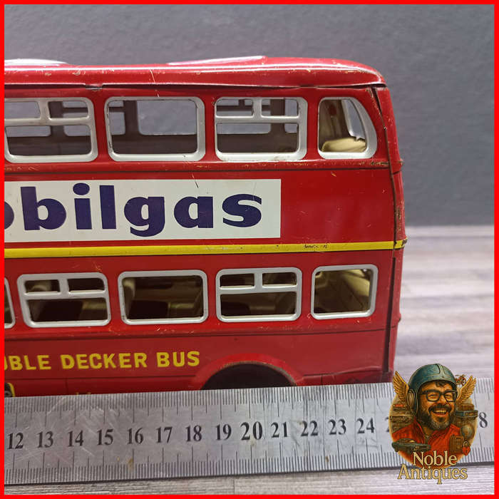 25cm Vintage Japanese TinToy Double Decker Bus Advertising Mobilgas and Goodyear