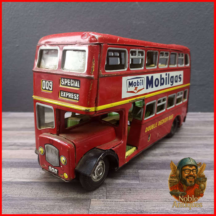 25cm Vintage Japanese TinToy Double Decker Bus Advertising Mobilgas and Goodyear