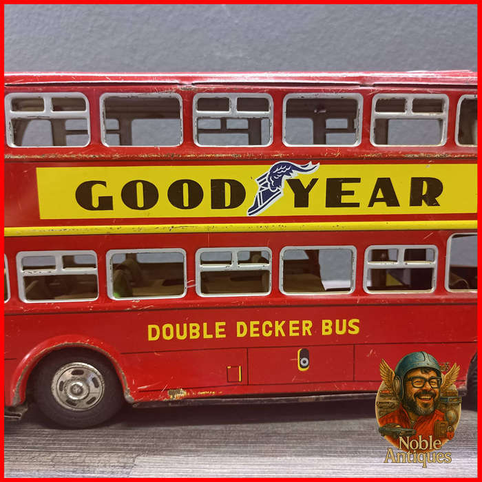 25cm Vintage Japanese TinToy Double Decker Bus Advertising Mobilgas and Goodyear