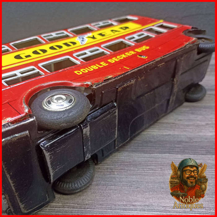 25cm Vintage Japanese TinToy Double Decker Bus Advertising Mobilgas and Goodyear