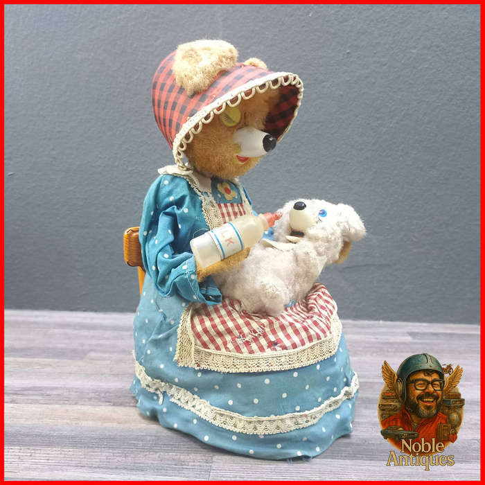 25cm Vintage Japanese Motion TinToy Mama Bear Feeding Baby