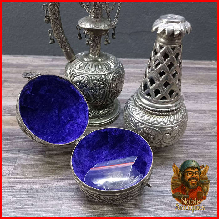 Vintage Silver Metal Arabic Smoker, Incense Stand and Jewellery Box Collection