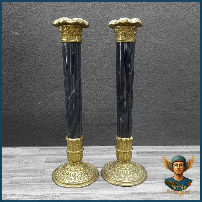 French Empire Style Solid Brass And Black Onyx Candlestick Holders
