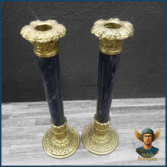 French Empire Style Solid Brass And Black Onyx Candlestick Holders