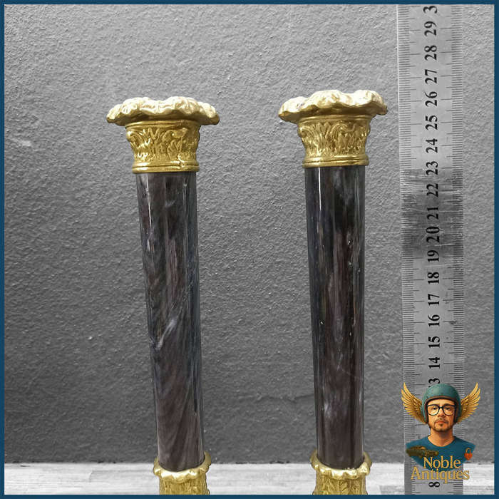 French Empire Style Solid Brass And Black Onyx Candlestick Holders
