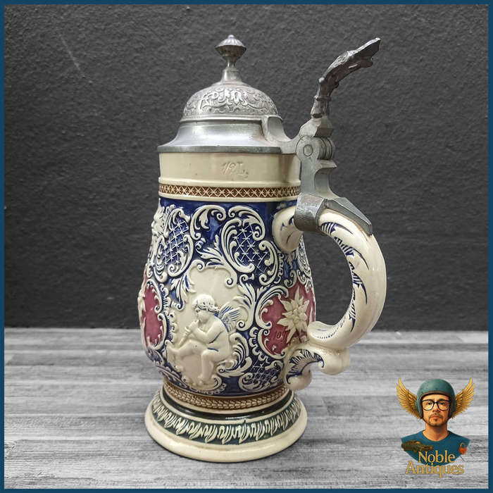Large Antique German Stoneware Beer Stein, Likely From The Early 20th