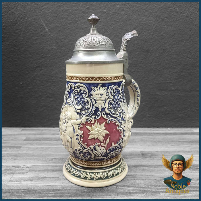 Large Antique German Stoneware Beer Stein, Likely From The Early 20th