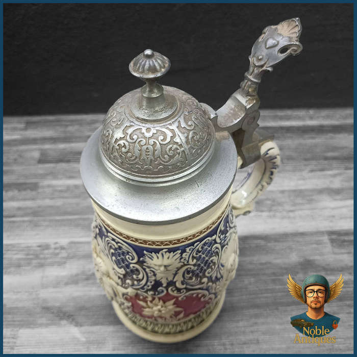 Large Antique German Stoneware Beer Stein, Likely From The Early 20th