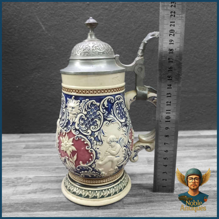 Large Antique German Stoneware Beer Stein, Likely From The Early 20th