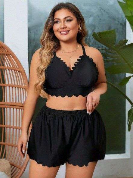 Swim Vcay Summer Beach 3pc Scalloped Trim Plus Size Bikini Set