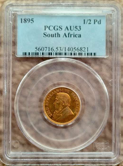 1895 Paul Kruger Gold Halfpond AU53 Graded Single Shaft