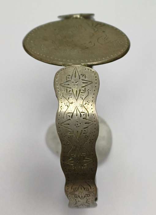 WWII Period Trench Art Bracelet Copying the Sparrows (Mossies) on a 1/4 D Coin