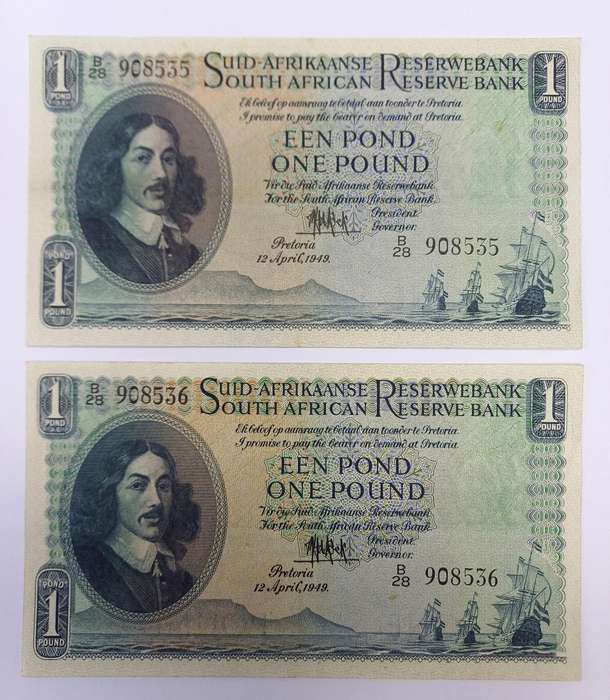 Rare B28 Pound 1949, Printed on Thicker Paper, Consecutive Number Pair, EF to AUNC