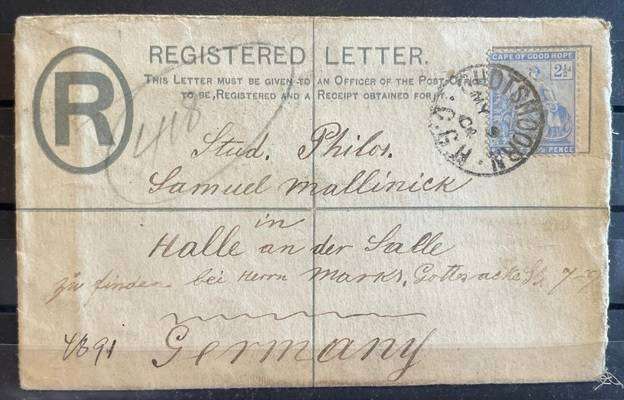 1904 - WESTERN T.P.O. 4d KEVII POSTAL STATIONERY REGISTERED COVER - OUDTSHOORN, CGH TO HALLE GERMANY