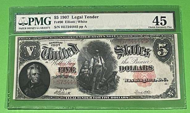 USA 1907 US LEGAL TENDER $5 WOODCHOPPER FR90 ELLIOTT / WHITE PMG 45 CHOICE EX FINE