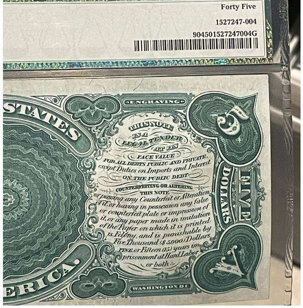 USA 1907 US LEGAL TENDER $5 WOODCHOPPER FR90 ELLIOTT / WHITE PMG 45 CHOICE EX FINE