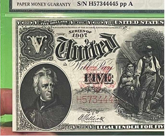 USA 1907 US LEGAL TENDER $5 WOODCHOPPER FR90 ELLIOTT / WHITE PMG 45 CHOICE EX FINE
