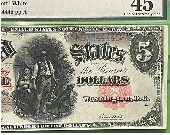 USA 1907 US LEGAL TENDER $5 WOODCHOPPER FR90 ELLIOTT / WHITE PMG 45 CHOICE EX FINE
