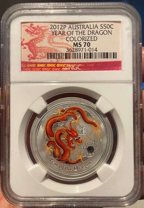 2012-P 50c Australia Year of the Dragon NGC MS70 Colorized (Red/Yellow) Pop 376  $130.00