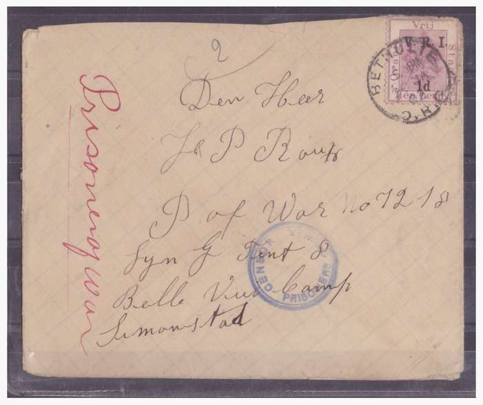 1902 ABO/ABW PRISONER OF WAR COVER - BETHULIE OFS TO BELLEVIEW CAMP SIMONSTOWN
