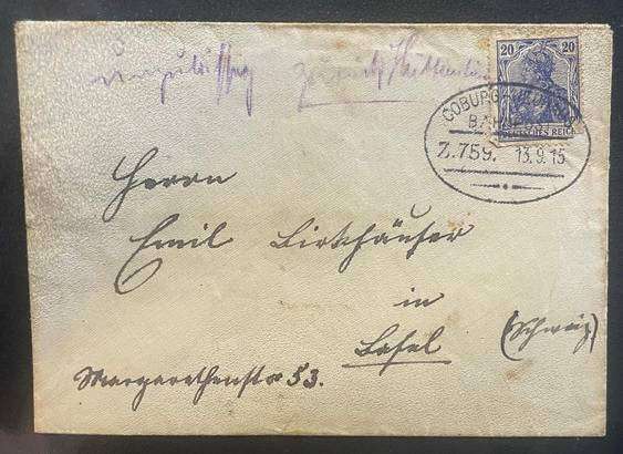 GERMANY COBURG TO NEUHAUS BAHNPOST ZUG 759 - DATED 13.09.1915.