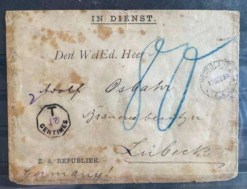 ZAR 1899 SIEGE OF LADYSMITH IN DIENST VELDPOS COVER HOOFDLAGER LADYSMITH TO GERMANY COM. SCHUMANN