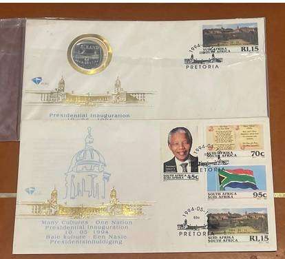 SA - MANDELA INAUGURATION FDC'S 1 X R5 COIN COVER + 1 X INAUGURATION COVER OPEN DOOR WITH STEPS VAR.