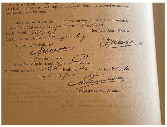 ALOIS HUGO NELLMAPIUS SIGNED REGISTRATION DOCUMENT 24 APRIL 1890 ZAR ACTE VAN TRANSPORT