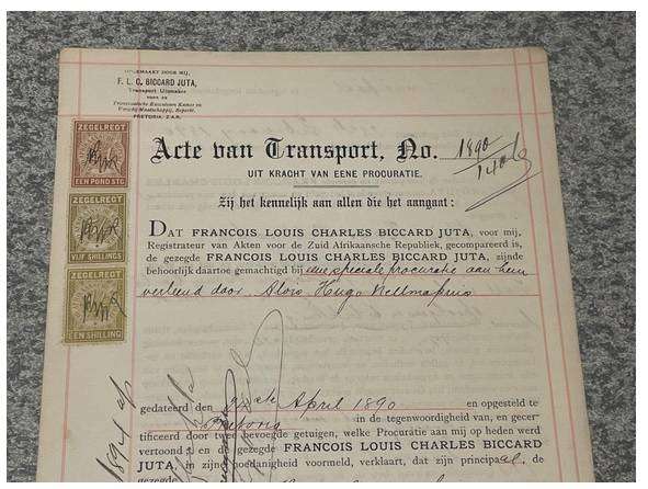 ALOIS HUGO NELLMAPIUS SIGNED REGISTRATION DOCUMENT 24 APRIL 1890 ZAR ACTE VAN TRANSPORT