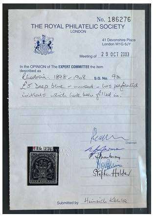 RHODESIA 1898 - 1908 - SG92 £5 DEEP BLUE UNUSED - WITH CERTIFICATE R.P.S.