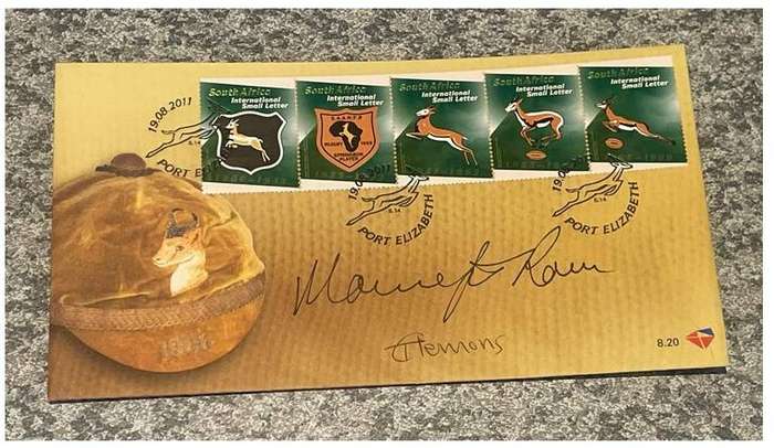 SA - 2 X SA RUGBY COVERS SIGNED BY BOK LEGEND MANNETJIES ROUX AND T CLEMONS STAMPS DESIGNER