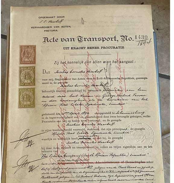JACOBUS CORNELIS HAARHOF SIGNED REG. DOC. 12 APRIL 1894 ZAR ACTE VAN TRANSPORT [3]