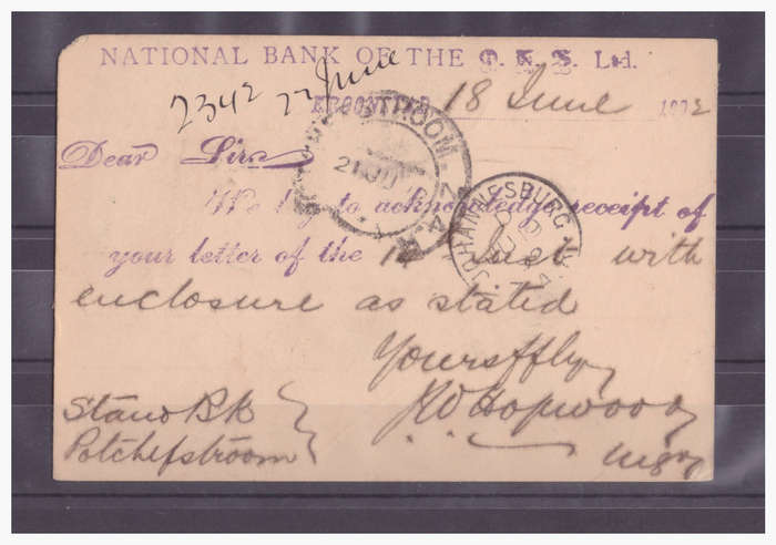 1892 ZAR TYPE 4a AND TYPE 1di CANCELS ON OFS BRIEFKAART KROONSTAD TO POTCHEFSTROOM