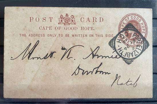 1894 CGH PC - PE TO DURBAN - QV 1d POSTAL STATIONERY CARD
