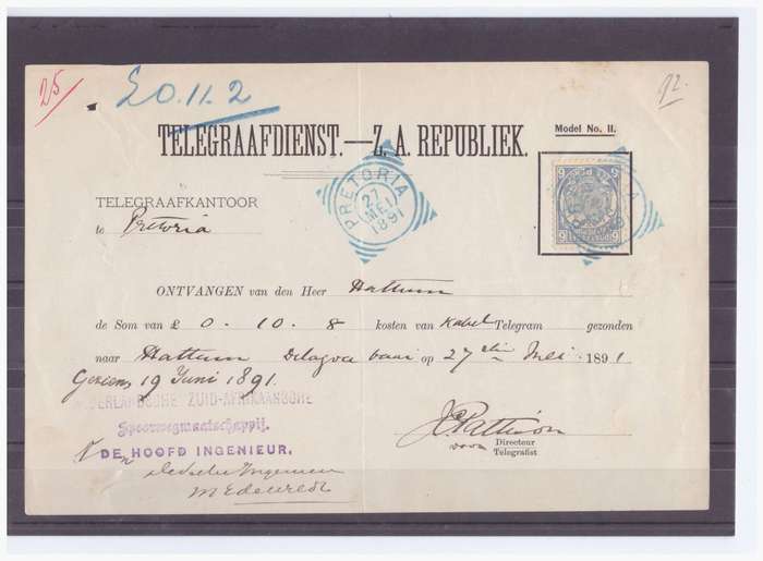 ZAR 1891 TELEGRAAFDIENST RECEIPT - CABLE TELEGRAM PRETORIA TO DELAGOA BAY NZASM