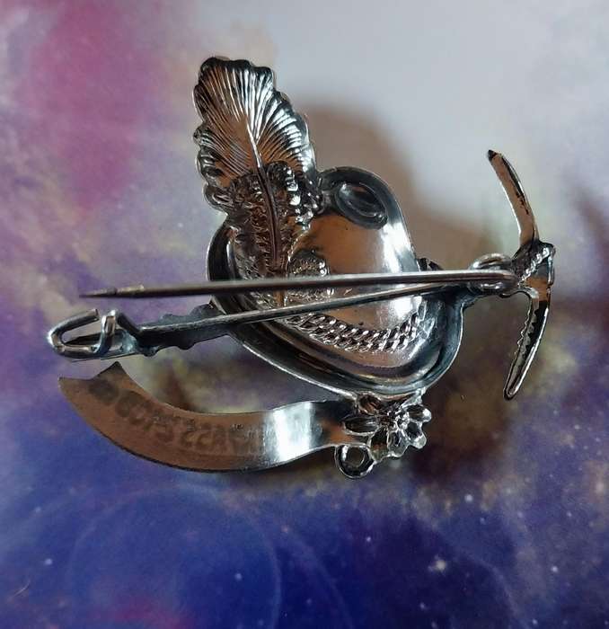 Switzerland Antique Pin Brooch Hat with a pickaxe,peacock feather,silver tone metal Brooch