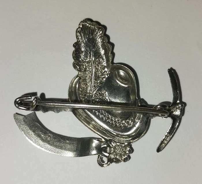 Switzerland Antique Pin Brooch Hat with a pickaxe,peacock feather,silver tone metal Brooch