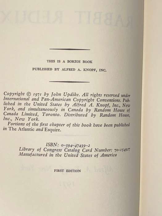 RABBIT REDUX A NOVEL BY JOHN UPDIKE 1ST US EDITION 1971