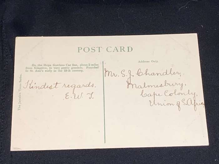 ANTIQUE JAMAICA COLLEGE ST. ANDREW PHOTO POST CARD TO CAPE COLONY 1911