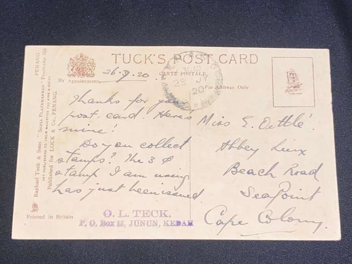 ANTIQUE 1920 SEH KHOO KONGSI , PENANG S.S.  POST CARD TO CAPE TOWN