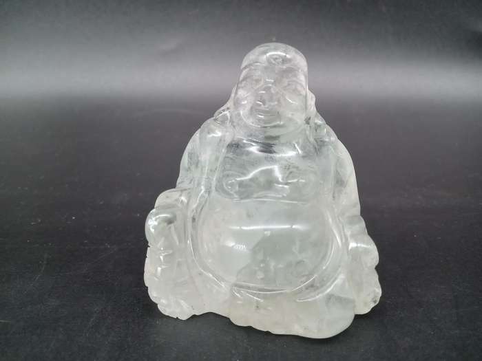 Antique! Small Laughing Buddha, carved In Natural Clear Quartz Stone.